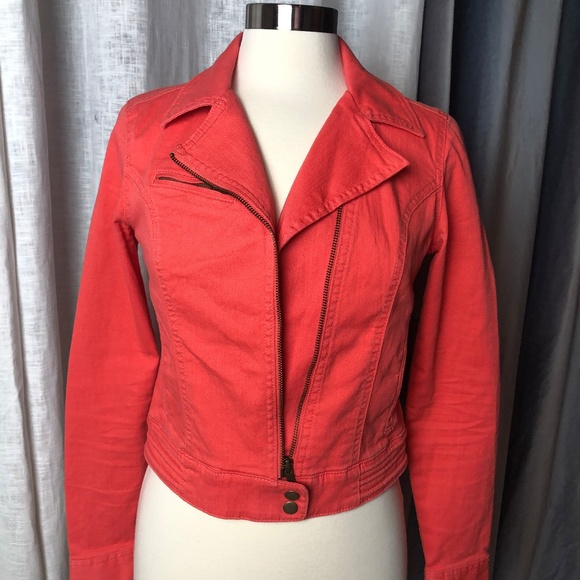 LC Lauren Conrad XS Jean Jacket Coral Color Crop - Picture 1 of 8